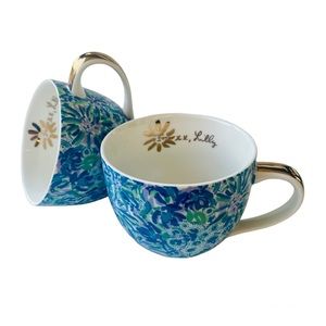 Lilly Pulitzer Blue Floral Ceramic Coffee & Tea Mugs Gold Handle Set of 2